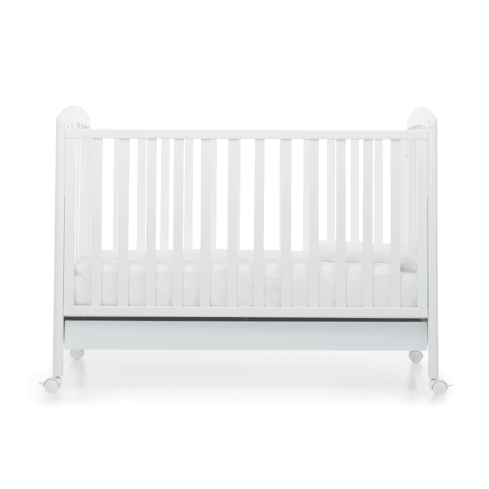 Babyfly baby cot by Foppapedretti designed with one side adjustable into two heights and the baby cot can be opened at the side and folded up under the cot turned into a sofa.